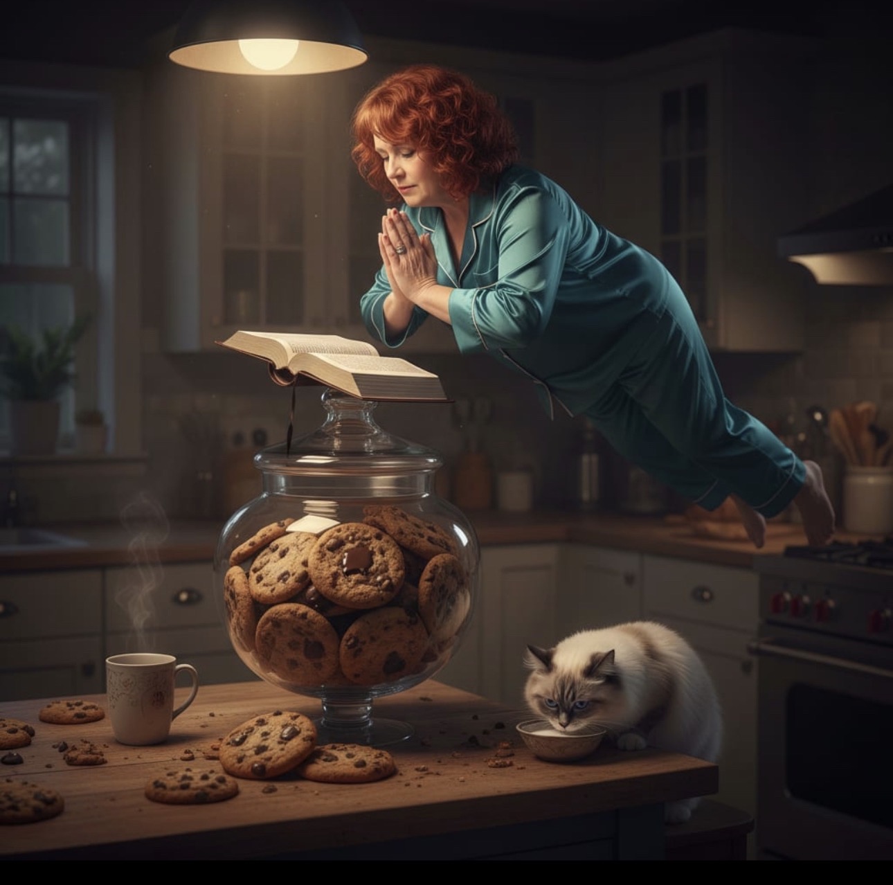 Anime Mariquita levitating over a cookie jar in a moonlit kitchen