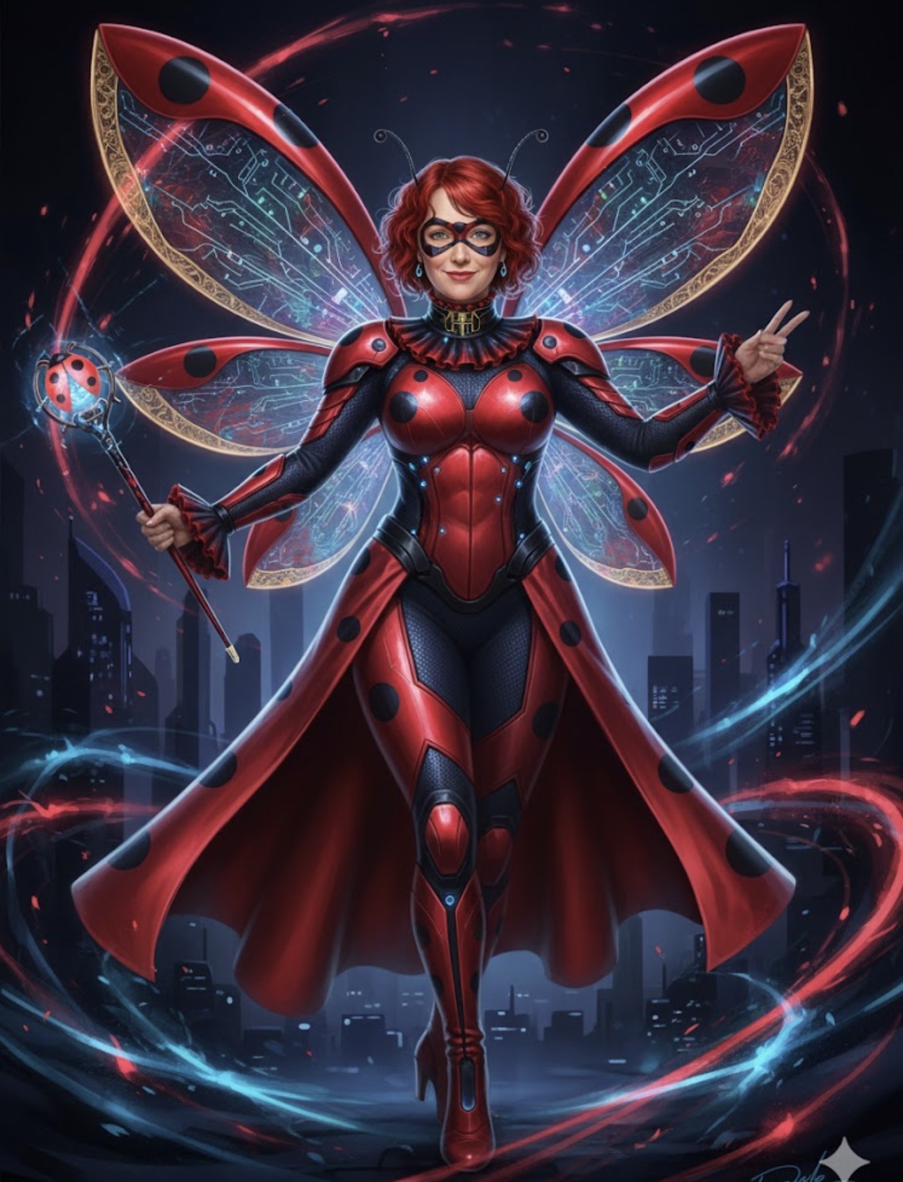 Anime Mariquita as a Ladybug superhero with circuit wings