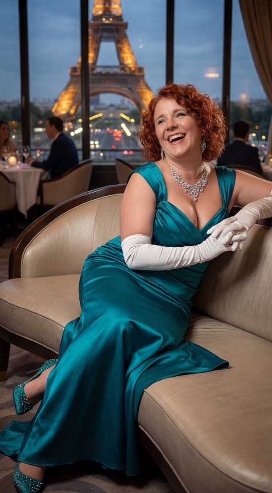 Mariquita in a teal gown at a Paris bistro with the Eiffel Tower