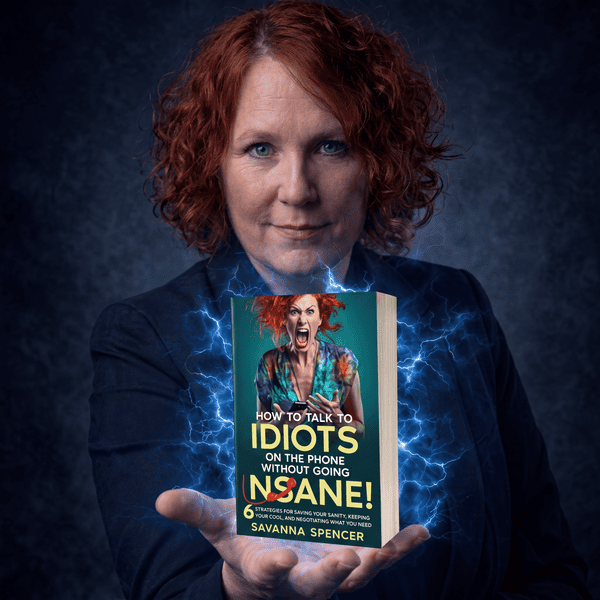 Mariquita Joy holding How to Talk to Idiots on the Phone Without Going Insane