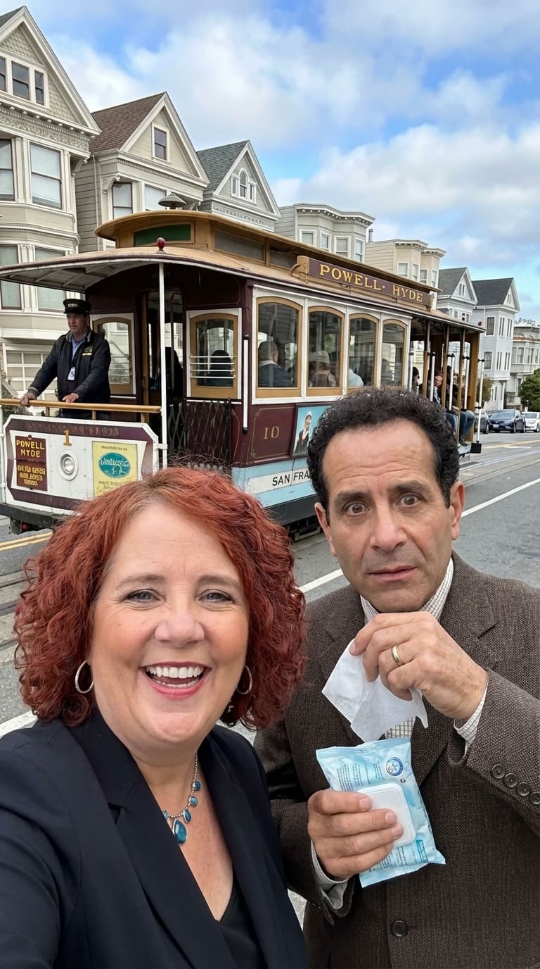 Mariquita selfie with Monk wiping his hands by the cable car (AI)