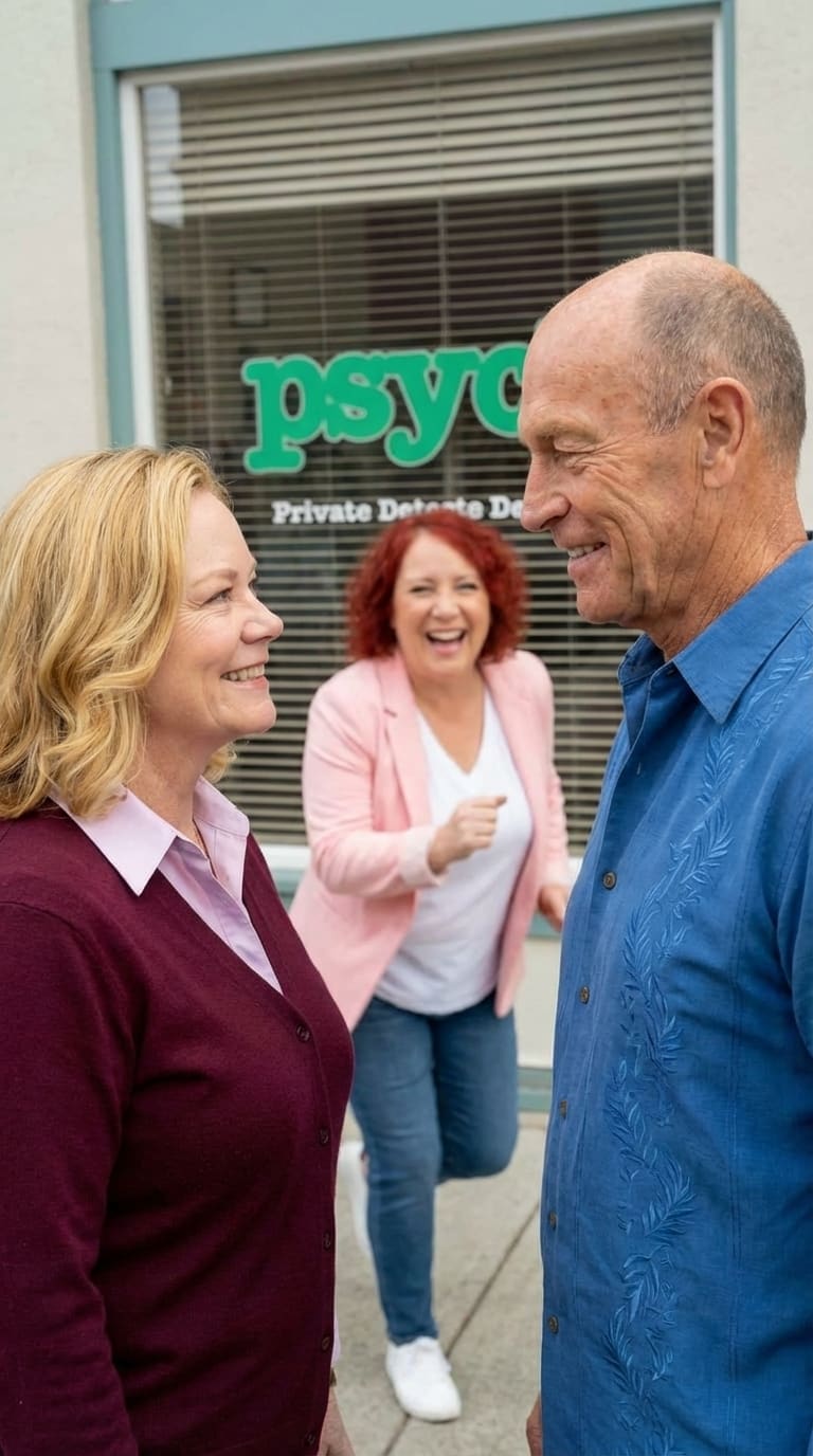 Mariquita laughing behind a couple outside the Psych office (AI)