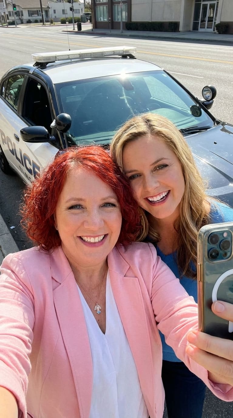 Mariquita selfie with a blonde detective by a police cruiser (AI)