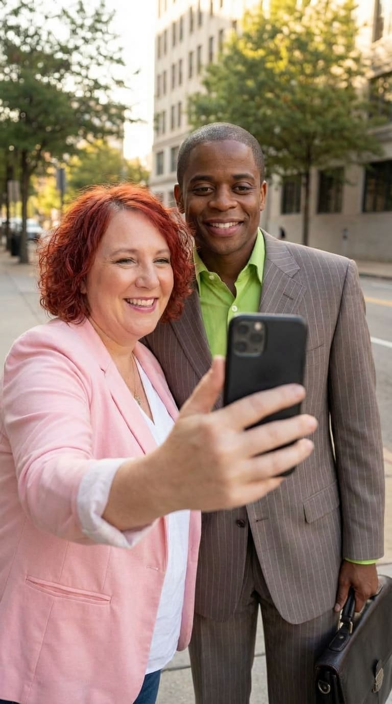 Mariquita selfie with Gus downtown (AI)