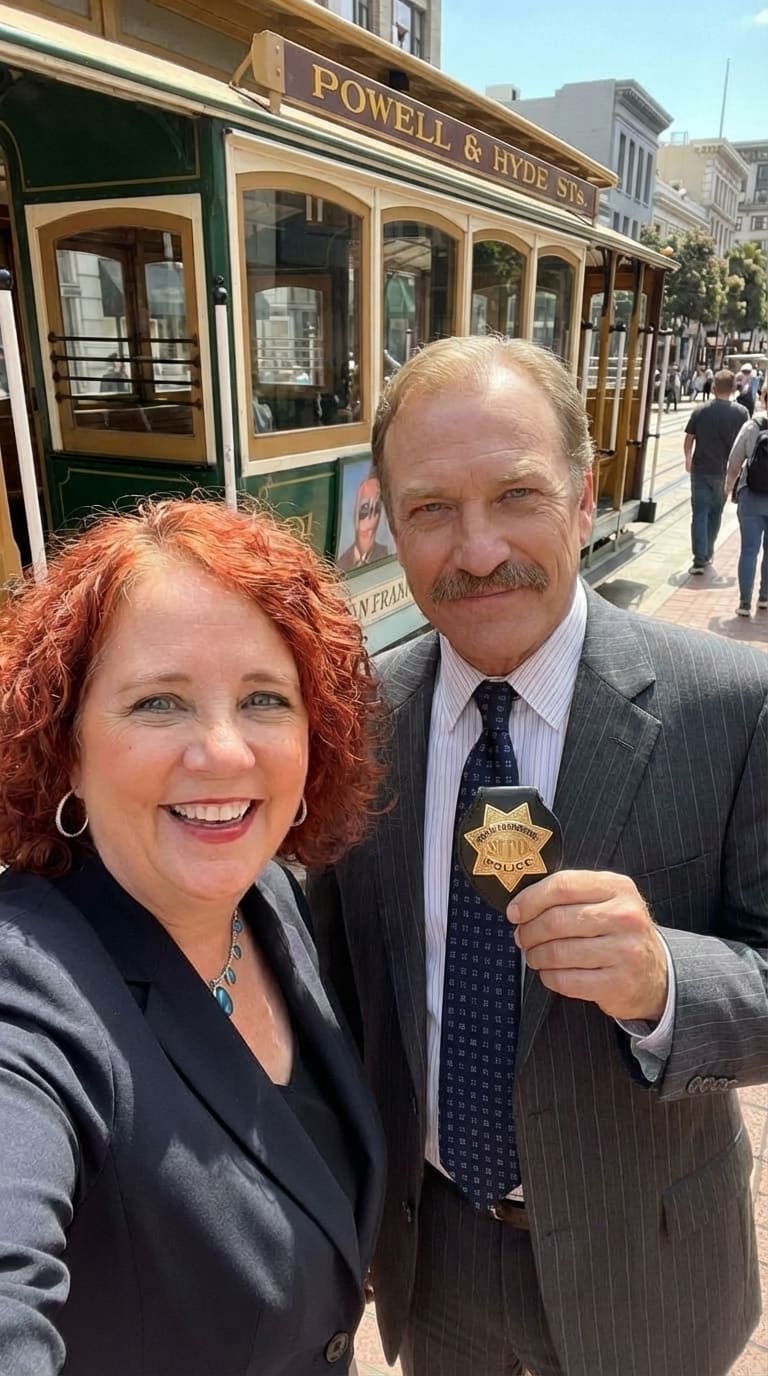 Mariquita with Captain Stottlemeyer holding his badge (AI)