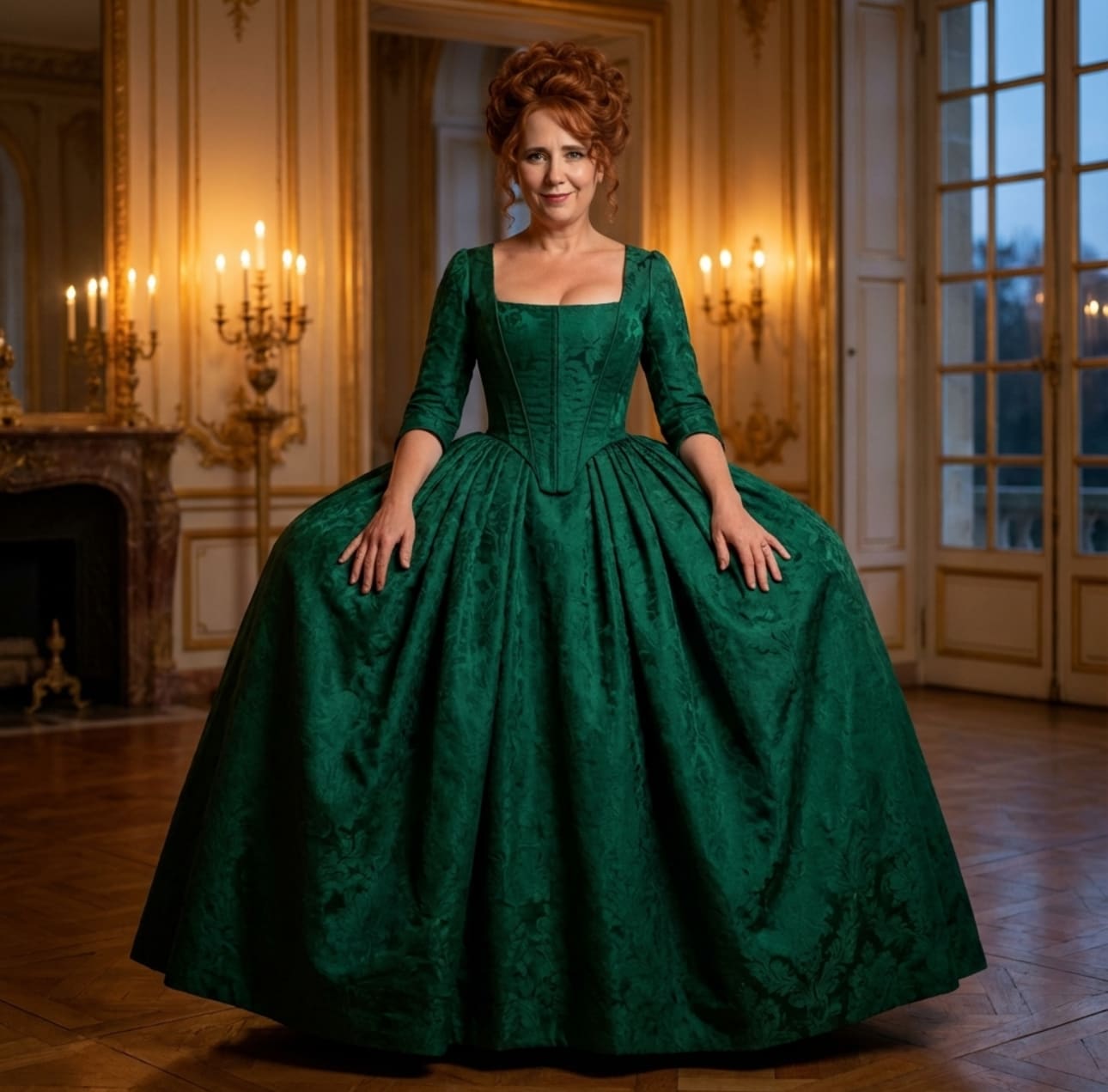 Mariquita in an emerald green ball gown by candlelight (AI)