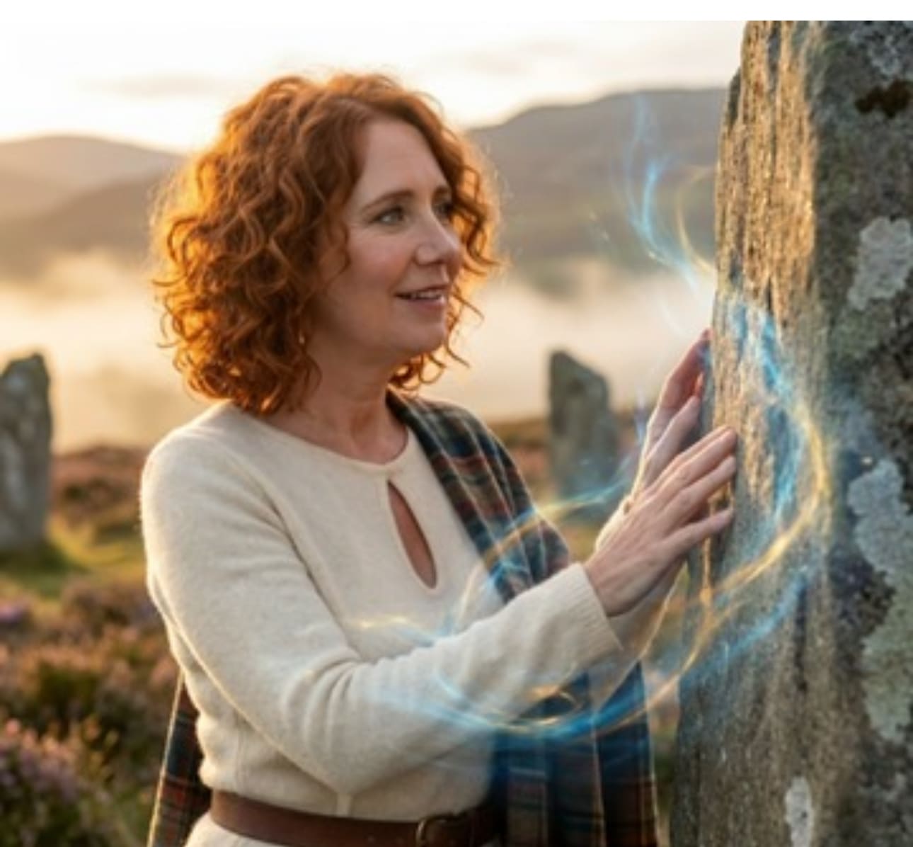 Mariquita touching the standing stone with blue light swirling (AI)