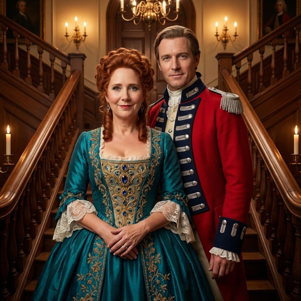 Mariquita in a teal jeweled gown beside a Redcoat officer (AI)