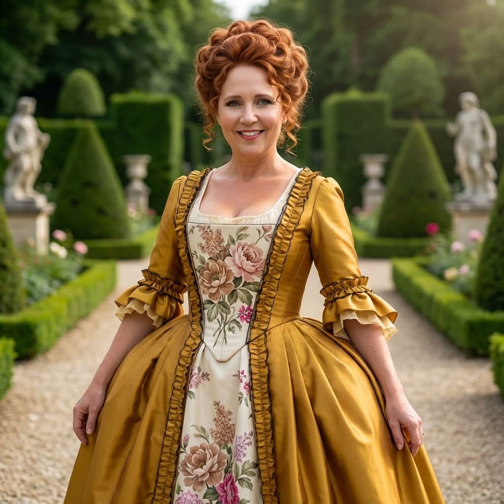 Mariquita in a gold floral gown in a formal garden (AI)