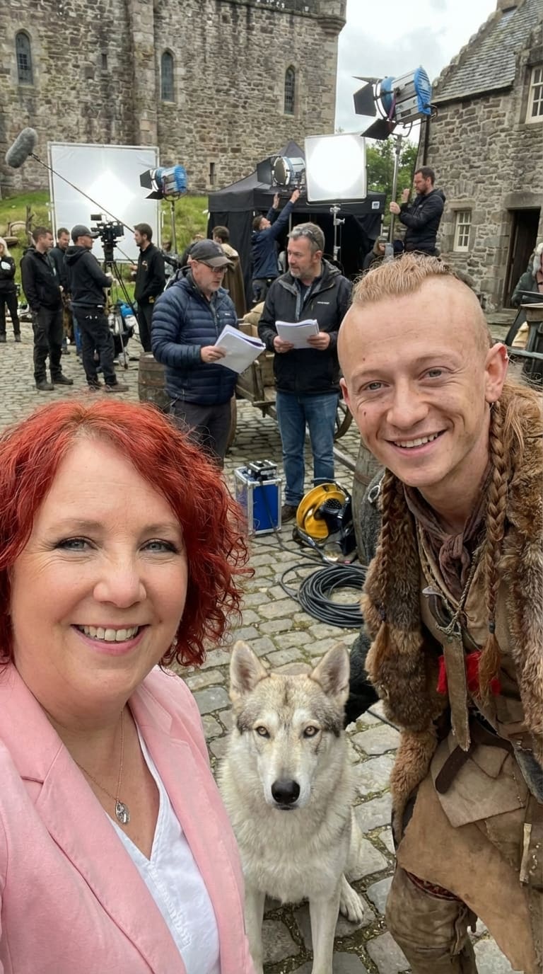 Mariquita with a cast member and a wolfhound on set