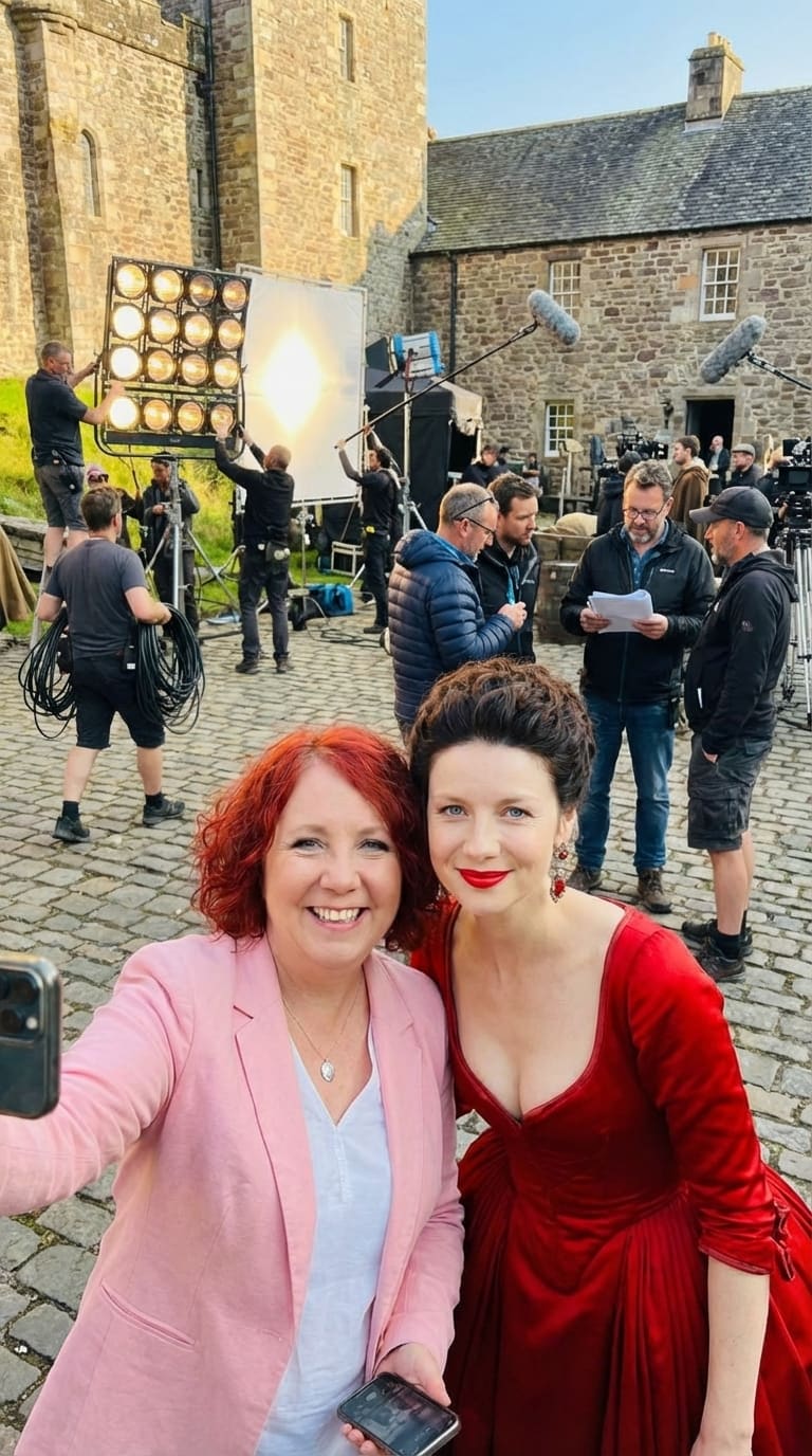 Mariquita with Sam Heughan (Jamie) inside the castle