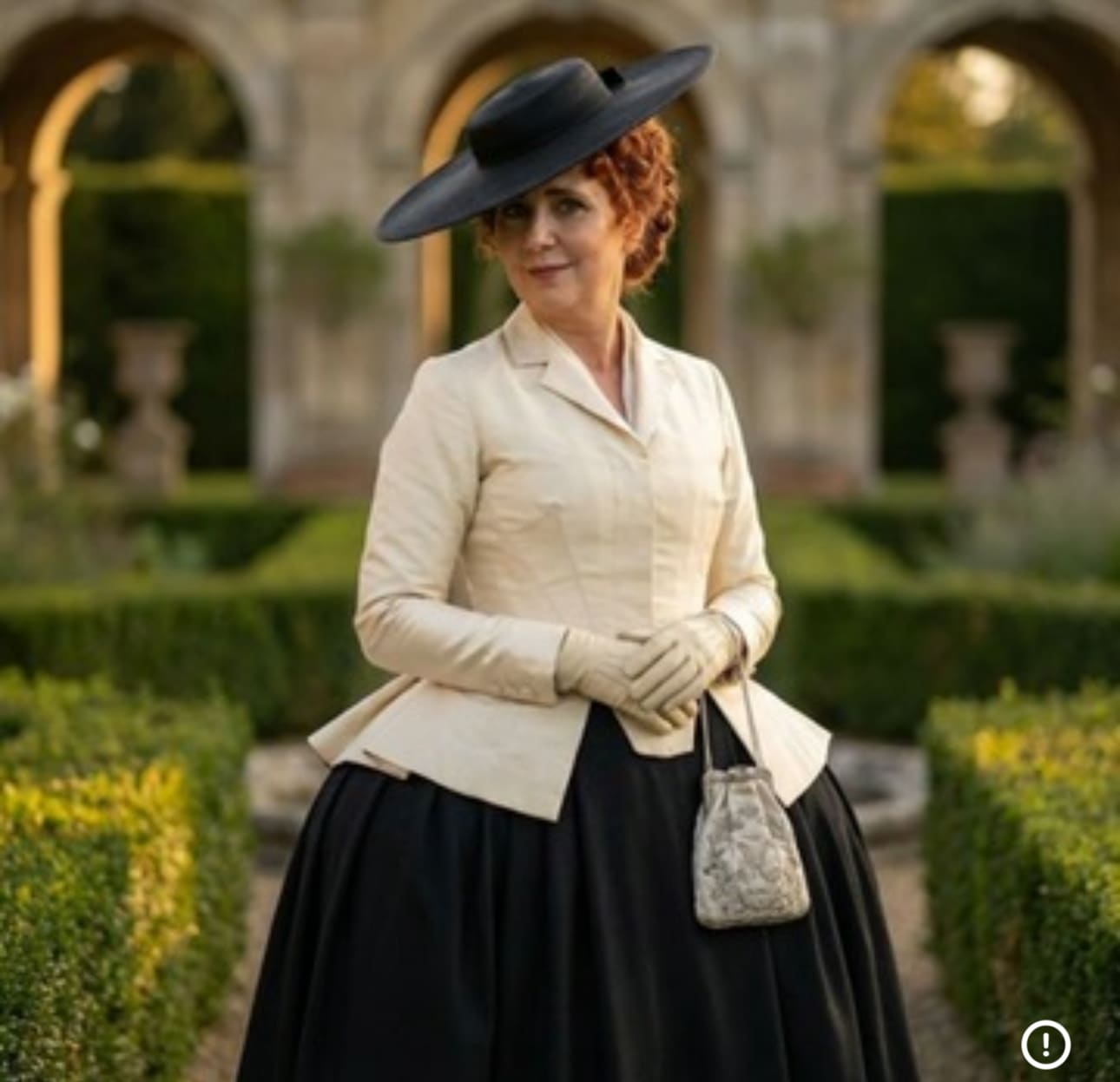 Mariquita in a cream riding jacket and black hat in the gardens (AI)